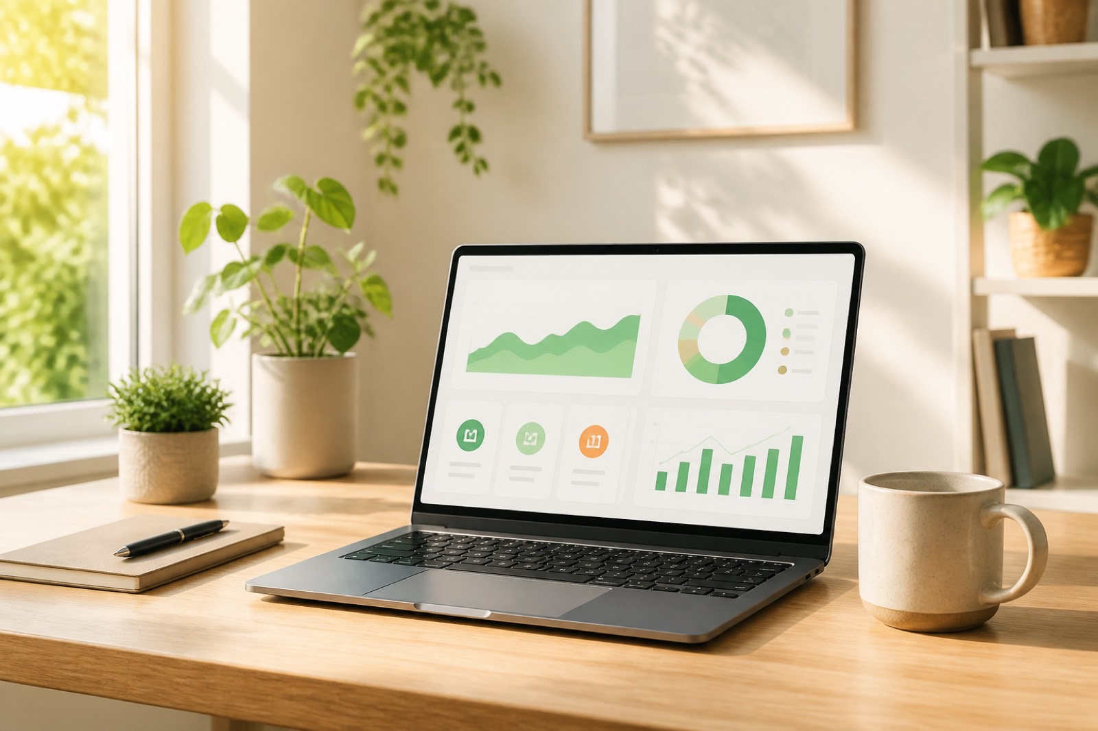 A bright home office with a laptop showing a simple analytics dashboard